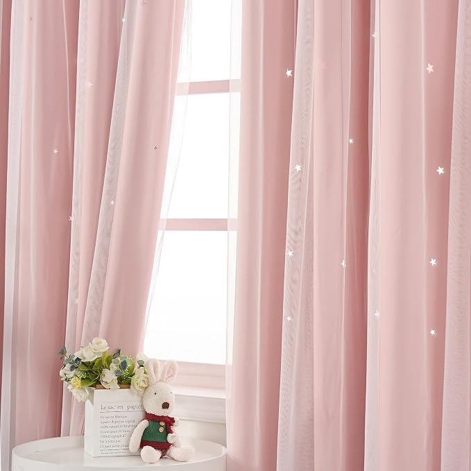 Pink Curtains Cute Blackout Curtains for Girls Bedroom 45 Inches Short 2 Panels Star Cutout Nursery Curtains & Drapes Double Layer with Sheer Overlay Light Blush Room Decor 45 Inch Length