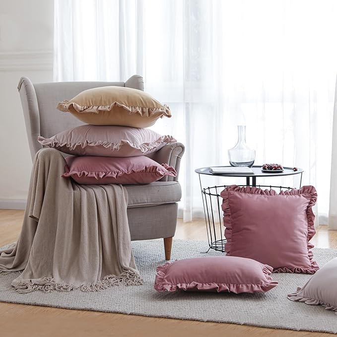 ISAENNE Vintage Dark Peach Square Throw Pillow Covers 22"x22" Set of 2, Solid Color Farmhouse Velvet Decoration Pillow Cover with Ruffles,Throw Pillow Case for Couch Sofa Bed Living Room Car