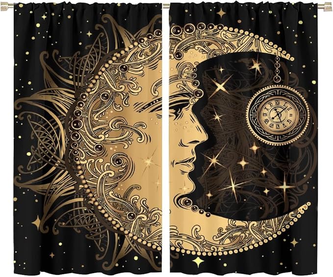Sun Moon Blackout Windows Curtains, Retro Bohemian Antique Hippie Gold Sun Crescent and Star Curtains, for Living Room Bedroom 72x63in 2 Panels