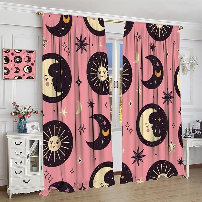 Sun Moon Stars Blackout Curtains, Abstract Magical Art Pattern Printed Window Drapes, for Bedroom Living Room 84" W X 84" L