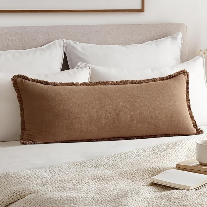 MIULEE Decorative Throw Pillow Covers Neutral Linen Fringe Throw Pillows Set of 1 Brown Boho Farmhouse Cushion Covers for Couch Sofa Bed Living Room Spring Home Decor 14x36 Inch
