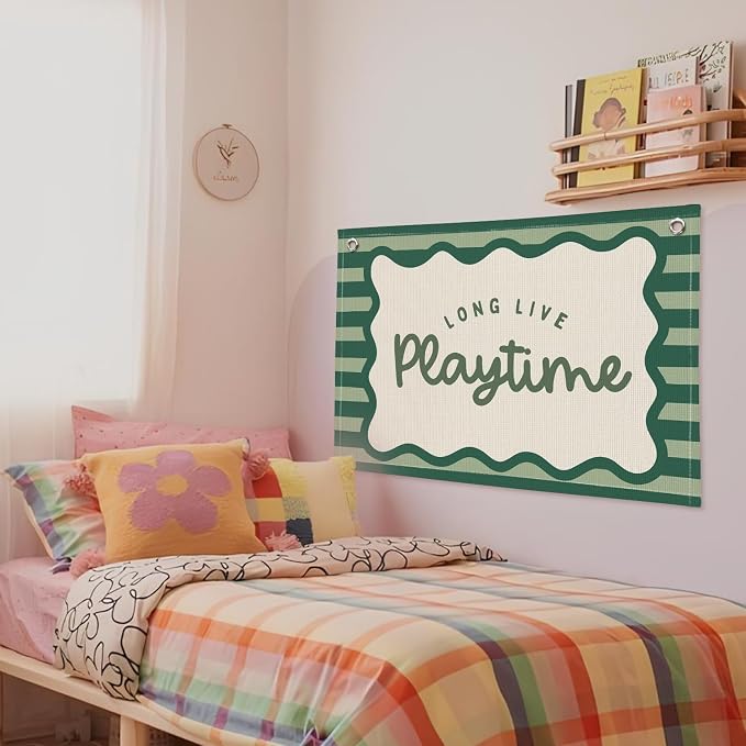 Playroom Decor, Long Live Playtime Banner, Boho Rainbow Linen Banner Wall Hanging Banner Flag Decor for Toddler Boy Kids Room Nursery Playroom, Green
