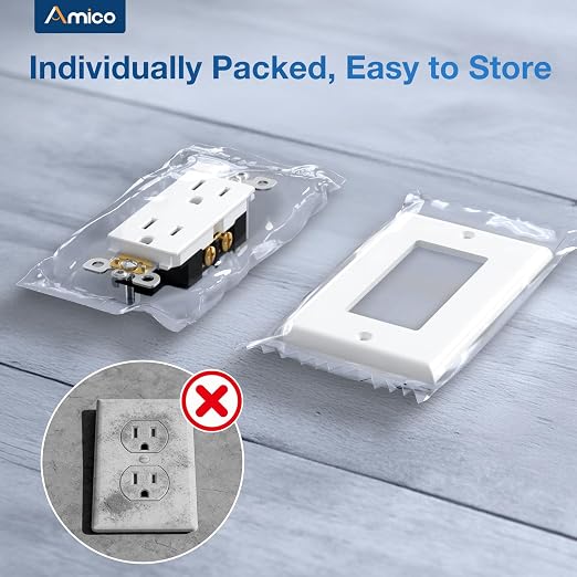 Amico Standard Electrical Outlets, Tamper Resistant, 2-Pole 3-Wire Wall Outlet, 125V/1875W, NEMA 5-15R, Wall Plates and Screws Included, for Home and Business, White, UL Listed, 15 Amp, 150 Pack