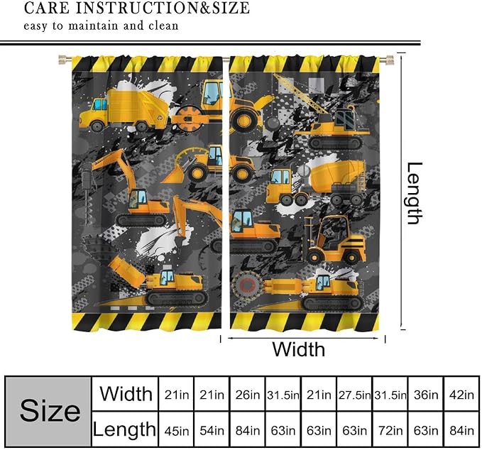 Cartoon Car Blackout Curtain,Boy Kids Construction Yellow Tractor Excavator Window Curtains Cloth Farbic Kitchen Bedroom Cafe Dining Room Office Living Room Drapes, 42x54 in