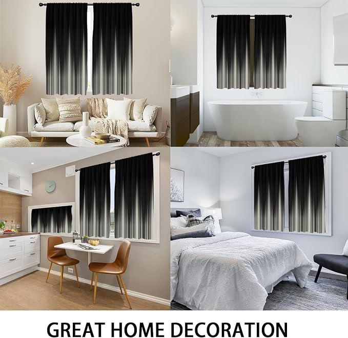 Coxila 100% Blackout Black and Beige Curtains 42x63 inch, Thermal Insulated Gothic Ombre Drapes for Bedroom, Modern Gradient Simple Stripe Pattern, Dark Gothic Men Decor, Rod Pocket Set of 2 Panels