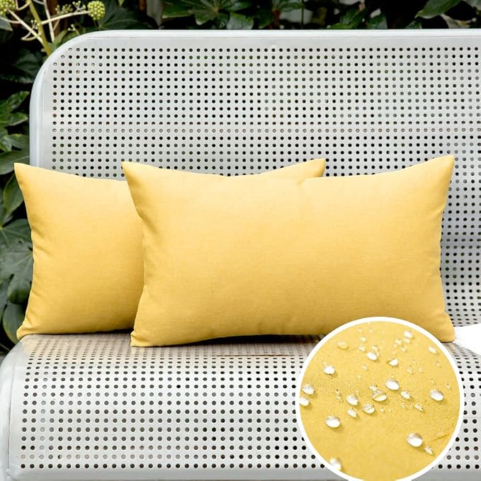 MIULEE Pack of 2 Decorative Outdoor Solid Waterproof Throw Pillow Covers Faux Linen Garden Farmhouse Cushion Cases for Summer Patio Tent Balcony Couch Sofa 20x12 Inch Yellow