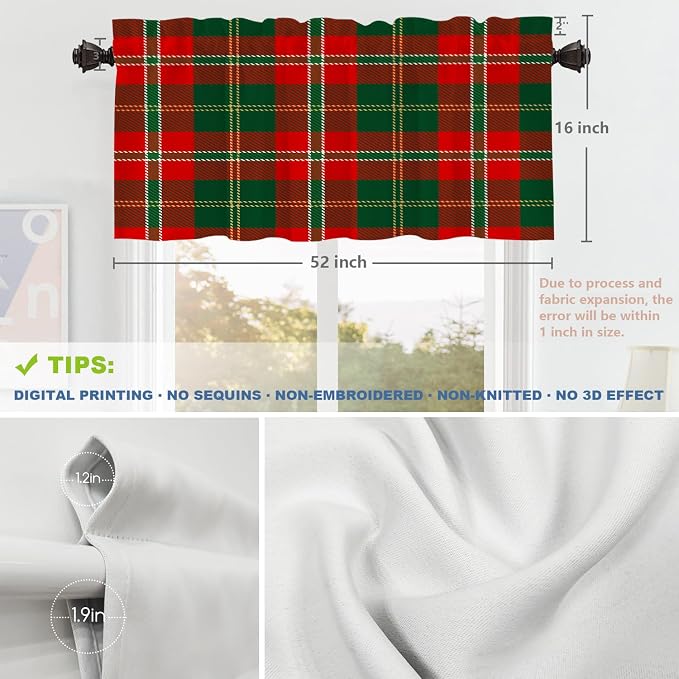 Shrahala Red Green Checkered Blackout Short Curtains for Windows,Red Green Black Yellow Check Plaid Kitchen Curtains Sets for Windows Thermal Insulated Bathroom Window Curtain 2 Pack 52 X 16 in