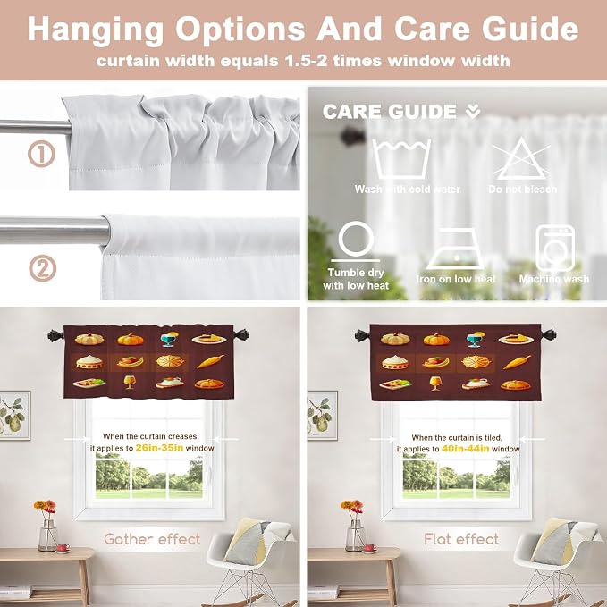 Shrahala Happy Thanksgiving Day Blackout Short Curtains for Windows, Pumpkin Turkey Bird Leaves Kitchen Valance Thermal Insulated Rod Pocket Window Treatment for Bathroom 2 Pack 52 X 18 in