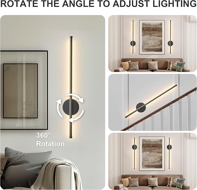 Battery Operated Modern Wall Sconces Set of Two,Rechargeable Wireless Wall Lights with Remote Control,Dimmable,3CCT,Timer,360°Rotation,Cordless Lighting for Bedroom,Living Room,Hallway,Black,23.6 Inch