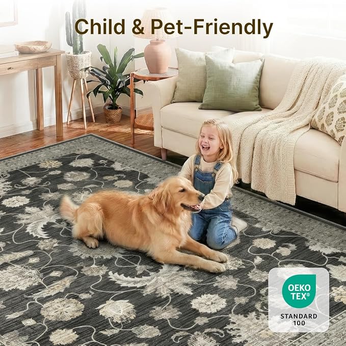 10x14 Area Rug for Living Room-Vintage Farmhouse Boho Floral Washable Stain Resistant Indoor Carpet for Bedroom Office and Home Decor(Black&Gold)