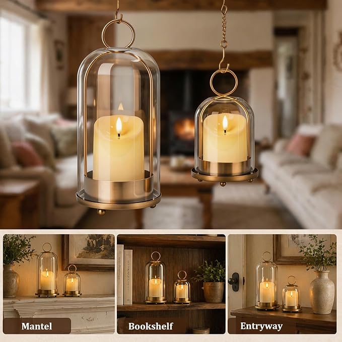 Brass Hurricane Handmade Sturdy Glass Dome Candle Holders with Glass Cover, Set of 2 Flameless Battery Operated LED Pillar Candles and Remote, Elegant Cloche Lantern for Modern Table Centerpiece
