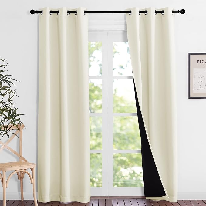 NICETOWN Living Room Completely Shaded Draperies, Privacy Protection & Noise Reducing Ring Top Drapes, Black Lined Insulated Window Treatment Blackout Curtain Panels (Beige, 2 Pieces, W37 x L84)