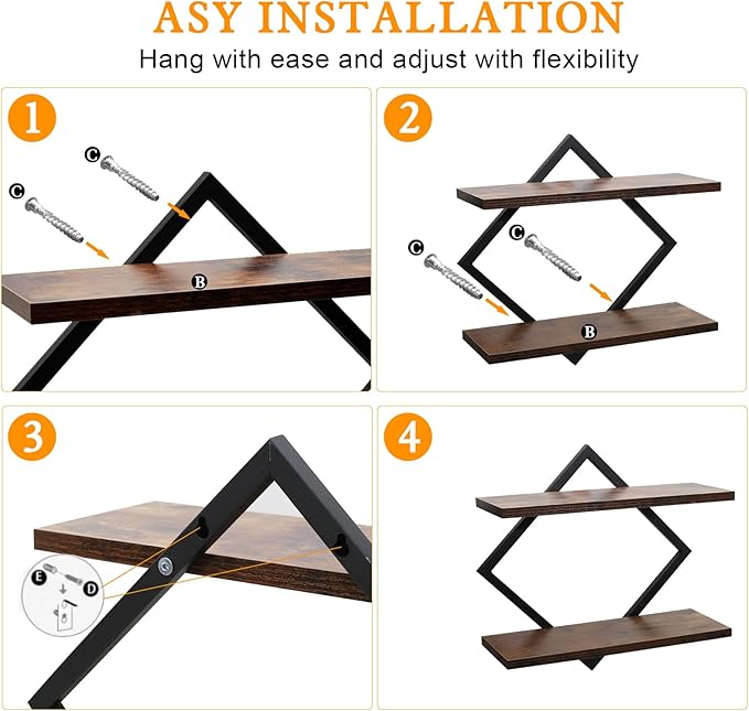 Geometric Floating Shelves Set of 2, Wood Wall Mounted Storage Rack, 22lb Capacity Modern Display Shelves for Living Room, Bedroom, Kitchen, Office, Heavy Duty Decor Organizer