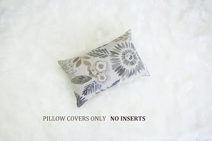 Mika Home Pack of 2 Decorative Oblong Rectangular Throw Pillow Cover Cushion Cases for Chair,Sunflower Pattern,12x20 Inches, Grey Cream