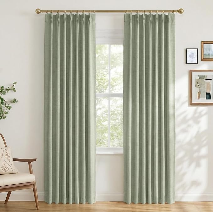 100% Blackout Shield Linen Look Textured Pinch Pleated Curtains Blackout Drapes 84 Inch Long 2 Panels Set, Sage Green Blackout Curtains for Bedroom & Living Room, 40" W x 84" L
