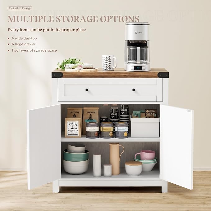 YESHOMY Coffee Bar and Accent Cabinet, Farmhouse Barn Door Buffet Sideboard with Drawer and Adjustable Shelf, Wide Desktop for Kitchen, Dining Room, Bathroom, Entryway, Brown & White