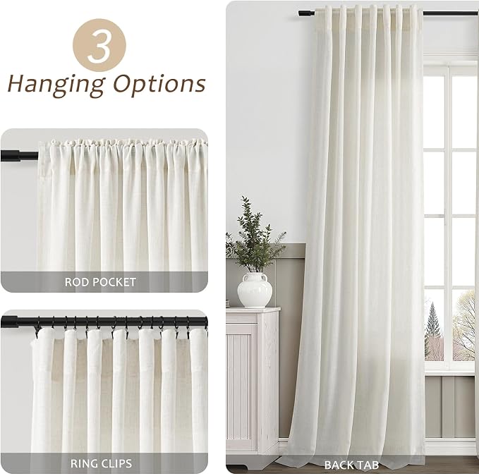 Aersas Cream Linen Curtains 63 Inches Long for Living Room Natural Linen Curtain Back Tab Rod Pocket Semi Sheer Privacy Rustic Boho Farmhouse Neutral Ivory Drapes Bedroom Office 52x63, 2 Panels