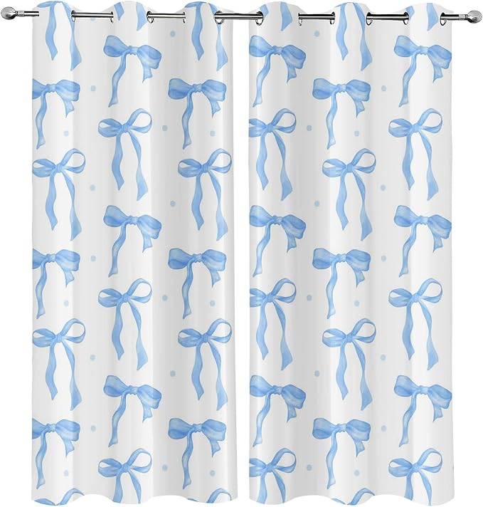 LUVIVIHOME Blue Bow Curtains, Cute Blackout Curtains for Girls Bedroom, Kids Room Decor, Aesthetic Girly Curtains, 2 Panel Sets, 42x63 Inch