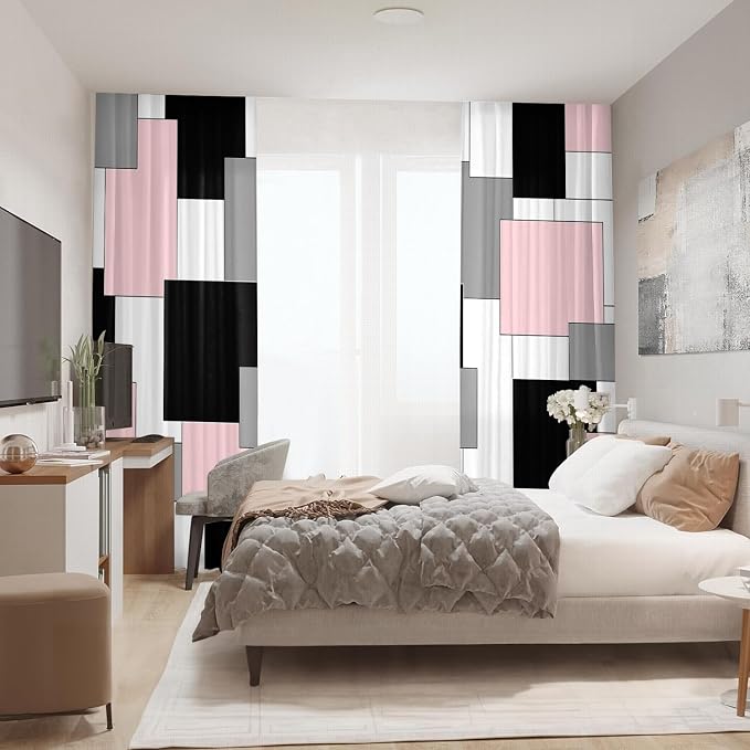 Pink and Black Curtains 84 Length for Living Room Modern Pink Black Geometry Curtains Grey Abstract Rod Pocket Curtain for Bedroom Kitchen Girls Room Window Drapes 2 Panels