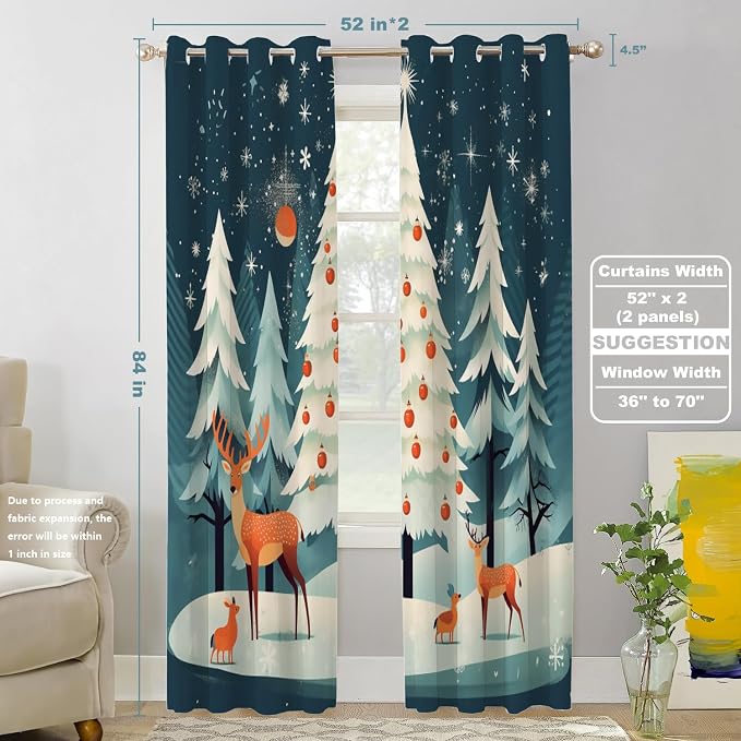Shrahala Christmas Tree Elk Thermal Insulated Blackout Window Curtains, Red Ball Snowflake Blue Background Long Drapes for Bedroom/Living Room with Plastic Grommet, 52X84 Set of 2