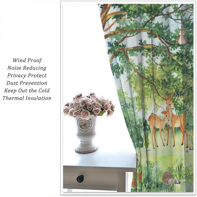 YCness Forest Animal Curtains, Watercolor Wild Animal Bear Fox Deer Kids Window Treatments for Living Room Bedroom,Green Woodland Tree Kids Drapes 2 Panel Sets,42x45 Inch