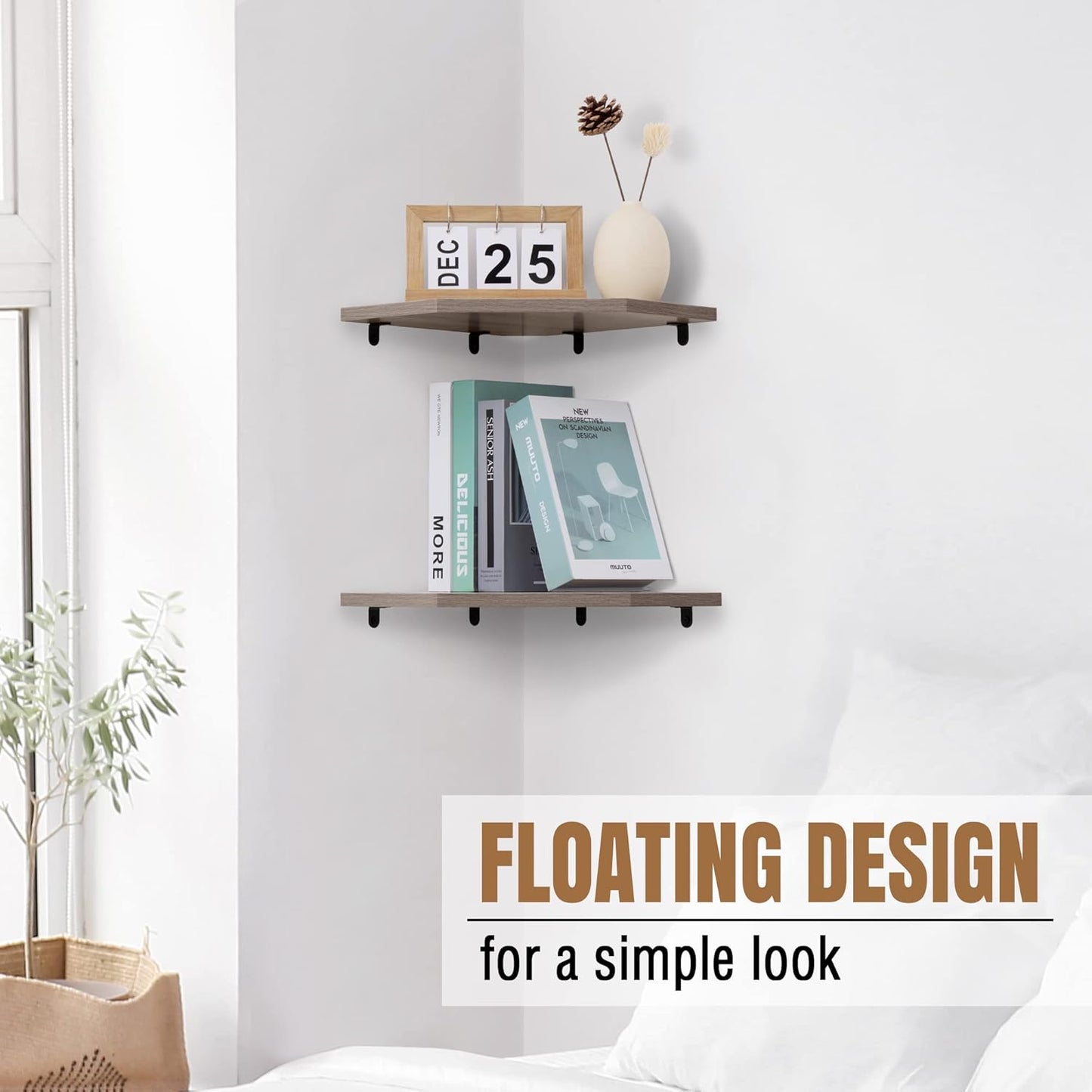 Corner Shelf Wall Mount, Corner Floating Shelves, Set of 4 Corner Wall Shelf Organizer, Rustic Wood Wall Storage Display Shelves for Living Room Bedroom Bathroom Kitchen, Rustic Grey