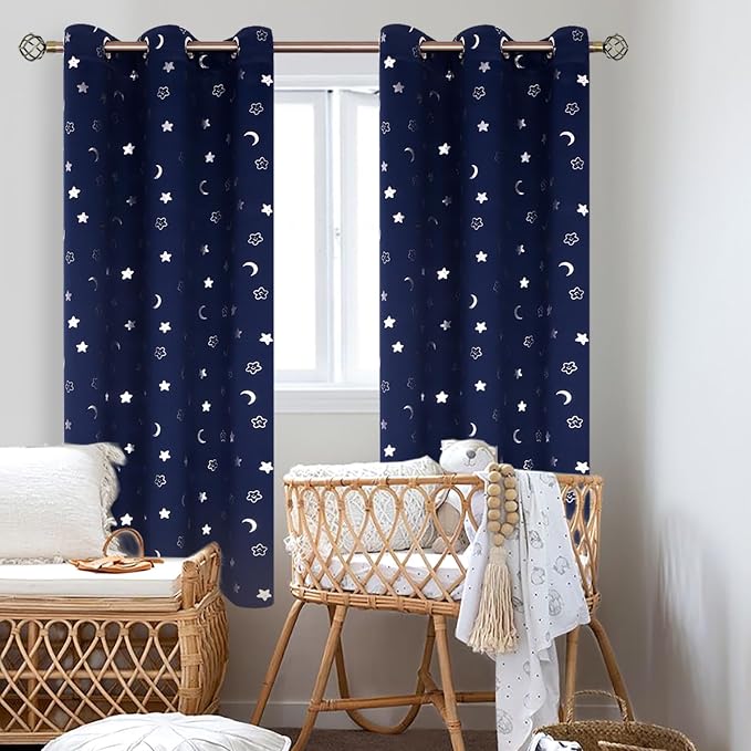 BGment Kids Curtains for Bedroom 72 Inch Length 2 Panels Set, Star and Moon Blackout Curtains for Boys Room Decor, Nursery Thermal Insulated Room Darkening Curtains with Grommet, 42 Wide, Navy Blue
