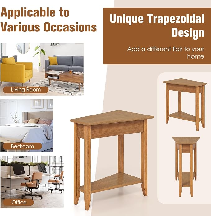 Giantex Wedge End Table, Triangle Side Table with Storage Shelf and Solid Wood Legs, 24.5" Tall Nightstand, Modern Narrow Accent Recliner Table for Small Space Living Room, Light Walnut