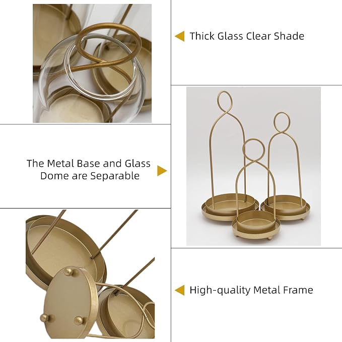 3 Pack Metal Candle Holders with Glass Dome, 5.5" & 4.7" & 3.9" Wide Gold Candlestick Holders Set, Versatile Hurricane Lanterns Candleholders for Pillar Candle, Decorative Glass Display Dome Stands