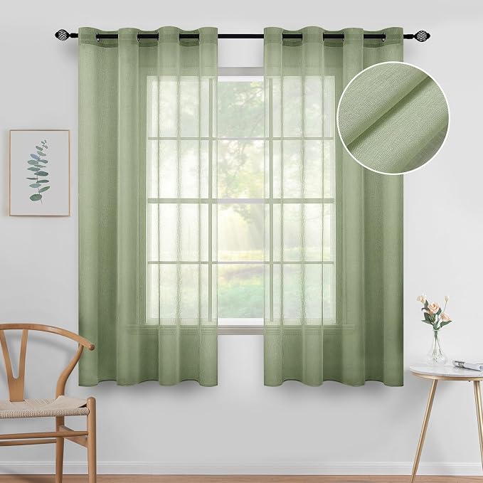 MIULEE 2 Panels Sage Green Semi Sheer Window Curtains Spring Elegant Grommet Top Window Voile Drapes/Treatment Linen Textured Light Green Panels for Bedroom Living Room (54X63 Inches)
