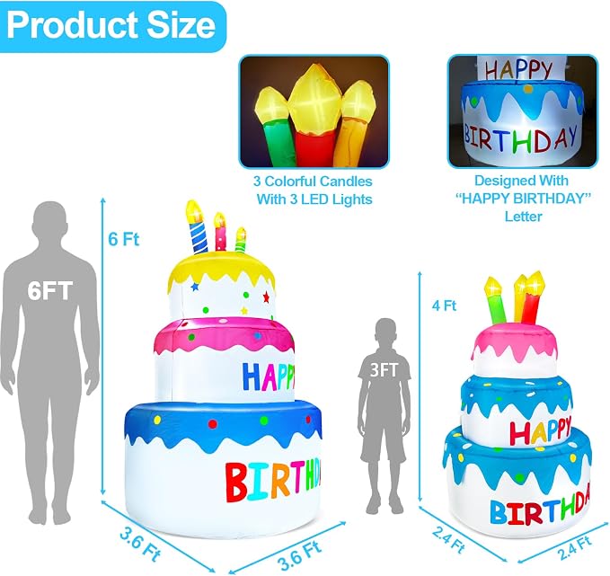 4 Ft Inflatable Happy Birthday Cake Decorations Outdoor Lighted Blow Up Holiday Birthday Party Decor with Candles 6 LED Lights for Indoor Home Celebration Garden Lawn Yard Prop Sign