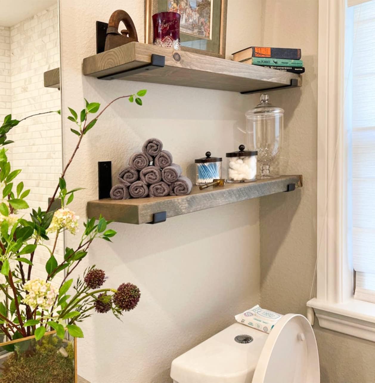 Rustic Shelves with J-Brackets Set of 2, Industrial Shelf, Kitchen Shelves, Solid Wood, Decorative Wall Storage, Heavy Duty, URBANDI (Grey, 24Wx8D)