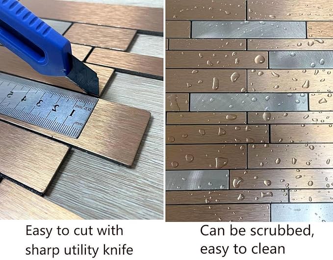 10-Sheet Peel and Stick Backsplash Tile, PVC Mixed Meta,l Stick on Kitchen, Bathroom Vanities, Fireplace Décor, Laundry Table(11.3" X 11.7") (10, Bronze)