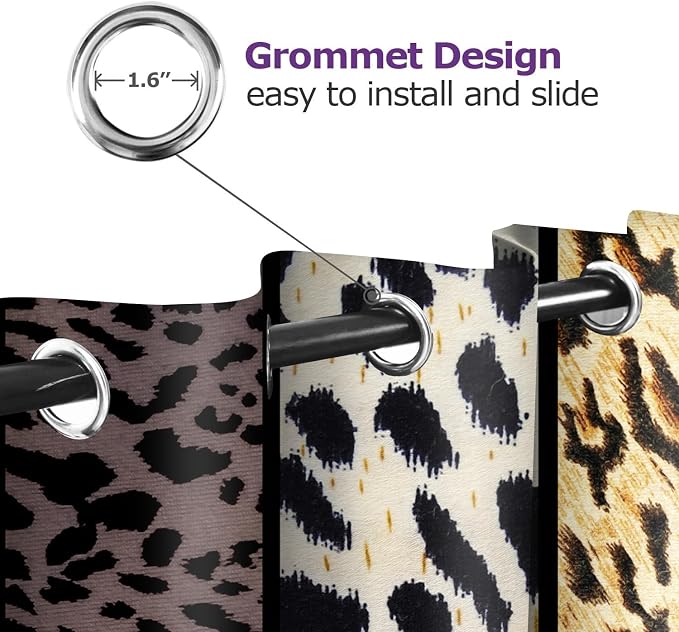 Wild Animal Print Curtain, Room Darkening Thermal Insulated Blackout Leopard Boa Window Drapes with Grommets for Living, Dining, Bedroom, Grey Leopard Print, 52"x 63", 2 Panels