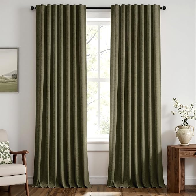 MIULEE 100% Blackout Linen Curtains for Bedroom, Light Olive Green Solid Luxury Decor Thermal Insulation Room Darkening Drapes for Living Room Back Tab Rod Pocket 42 x 96 Inches, 2 Panels