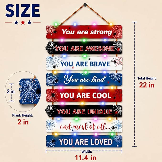 Cool Spiderman Room Decor Set of 8 with Led Light for Teen boys Kids Toddler, Inspirational Spider Man Wood Nursery Wall Decor for Bedroom, Motivational Spidey and His Amazing Friends Marvel Decor
