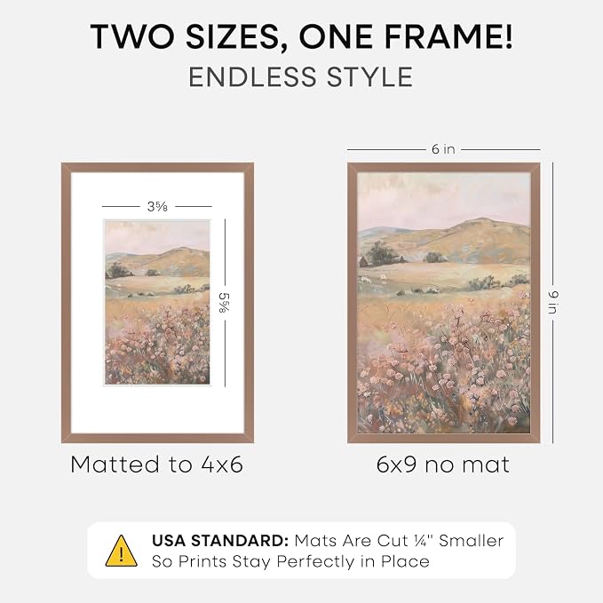 Homeforia 6x9 Picture Frame Mocha, High End Metal 6 x 9 Frames with Mat 4 by 6 for Print, Photo Frame 6x9 Mocha Matted to 4x6 inches Art, 6by9 Wall or Tabletop Frames, Tempered Glass, Wall Kit, Set of 2