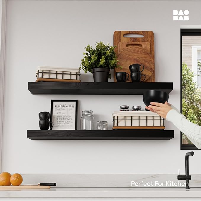 Solid Wood Floating Shelves for Wall 30 Inches Long, Black Wooden Shelf | Real Wood, 30 Inch, Bathroom Shelf Large, Heavy Duty, Wall Mounted, Kitchen Bedroom, Black Finish, 30W × 6.7D, Set of 2