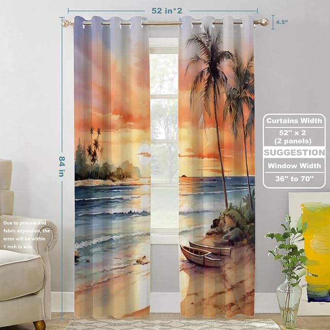 Shrahala Sunset Beach Thermal Insulated Blackout Window Curtains, Tropical Seaside Scene Long Drapes for Bedroom/Living Room with Plastic Grommet, 52X84 Set of 2