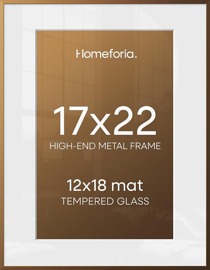 Homeforia 17x22 Picture Frame Bronze, High End Metal 17x22 Brass Poster Frames with Mat 12x18 Photo, 17 x 22 Frame Matted to 12 by 18 inch Print, 22by17 Thin Frames, Tempered Glass, Wall Kit, Set of 2