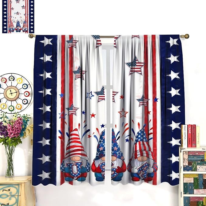 American Flag Curtains,4th of July Independence Day Stars Stripes Cute Gnome Print Drape for Bedroom Living Room Window Treatment 2 Panels Set Total Size 42" W X 54" L Inch