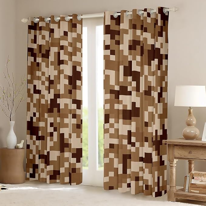 Castle Fairy Brown Grid Kids Window Curtain,Sandbox Pixelated Themed Window Treatment Teens Gamer,Miner Style Checked Bedroom Decor Curtains Desert Style Blackout Drapes 2 Panels,42Wx63L