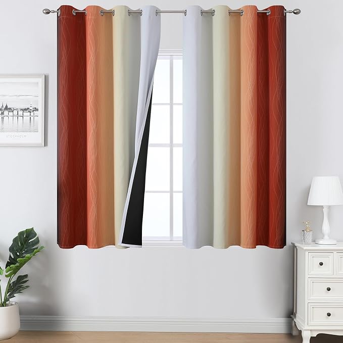 Estelar Textiler Burnt Orange and Greyish White Ombre Blackout Curtains 45Inch Length for Window, Room Darkening Thermal Insulated Energy Efficient Grommet Drapes for Bedroom,52x45 Inch,2 Panels