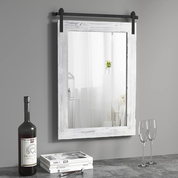 COGOOD Farmhouse Barn Door Mirror - 26" X 17" Rustic Wood Framed Wall Mirror for Bathroom, Living Room, Entryway Wall Decorative (White)