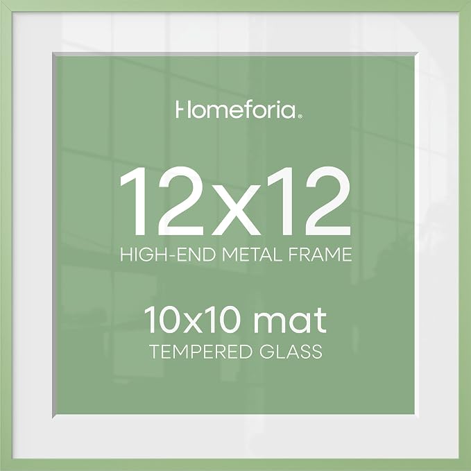 Homeforia 12x12 Picture Frame Sage Green, High End Metal 12 x 12 Square Poster Frame with Mat 10 x 10 Photo, 12x12 Frame Matted to 10x10 Print, 12by12 Hanging Frame, Tempered Glass, Wall Kit, Set of 2