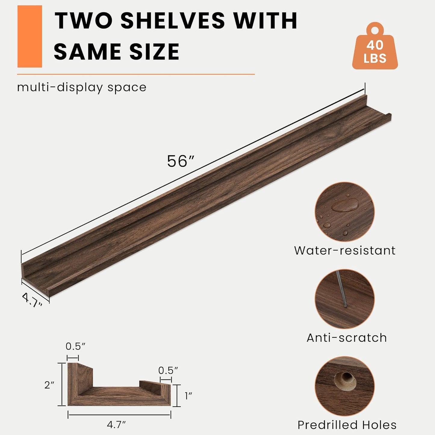 Heimlove Picture Ledge Shelf, Floating Shelves Set of 2, 56 Inches Picture Shelf for Wall with Ledge, Kids Bookshelf Wall Mounted for Living Room Bedroom Decor Books Photo Frames, Walnut