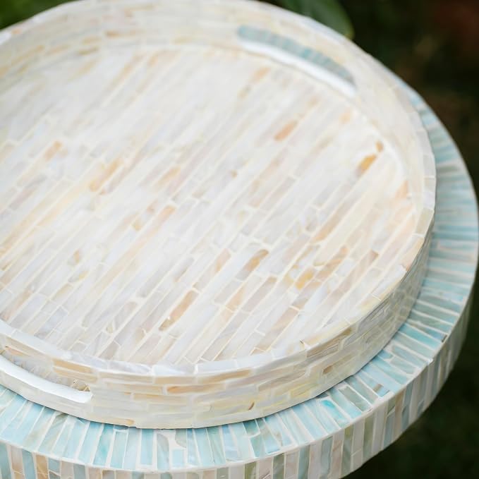 PEMAR 12.6” Decorative Round Serving Tray, Mother of Pearls Inlaid Coffee Table Tray w Insert Handles,Nacred Wooden Ottoman Tray,Bedroom Tray,Cabin Tray. Decorative Platter Basket Tray (White Pattern)