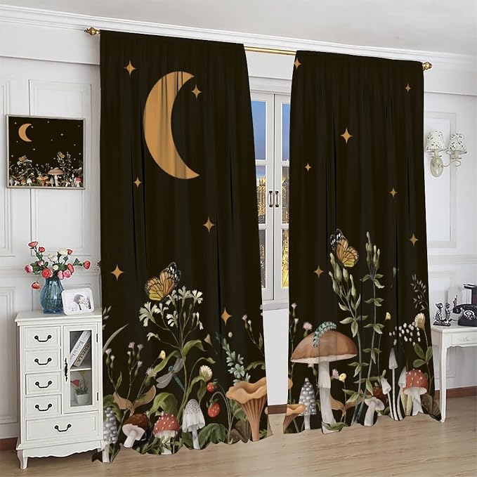 Wild Mushroom Blackout Curtains,Retro Floral Plants Boho Moon Star Window Drapes,Butterfly Botanical for Living Room Kitchen Bedroom,Black Background 55x63in
