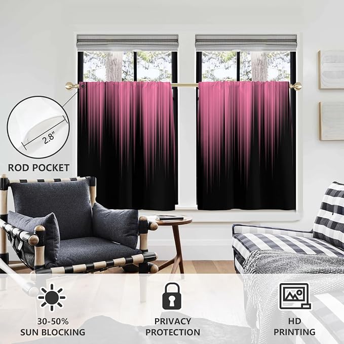 AAtter Pink and Black Kitchen Curtains, Ombre 27.5" W x 45" L, 2 Panels | Gothic Modern Abstract Striped, Cute Preppy Girls Style, Rod Pocket Bathroom Window Drapes, Small Short Tiers for Women