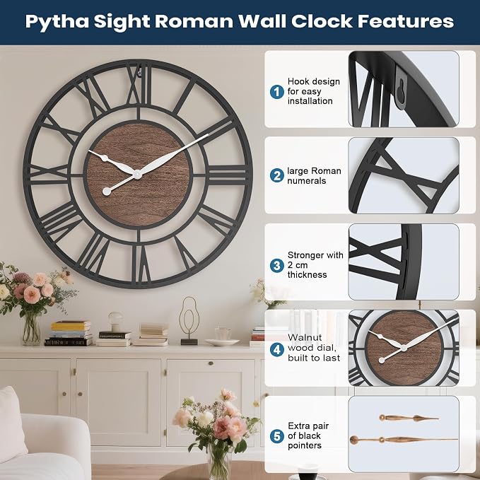 Pytha Sight 24 Inch Large Oversized Farmhouse Modern Decorative Wall Clock for Living Room,Silent Industrial Big Roman Numerals Vintage Metal Round Wall Clocks for Kitchen,Dining Room,Office